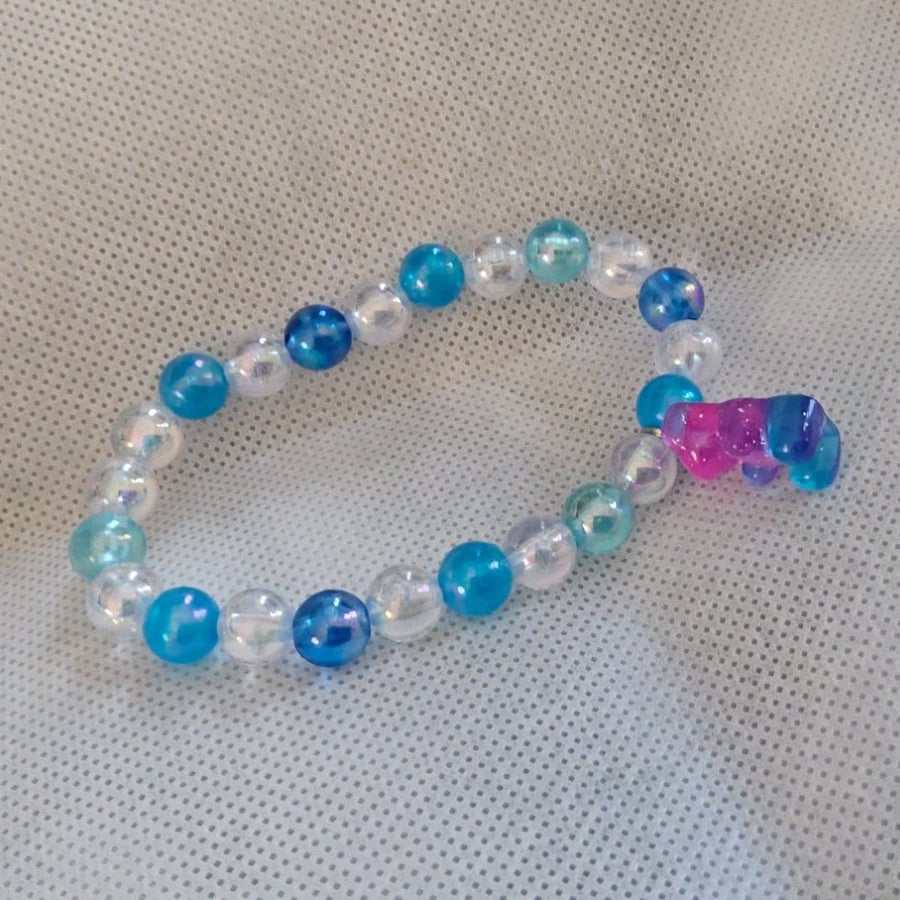 "Calm & Comfort" Blue & White Beaded Bracelet with Teddy Bear Charm