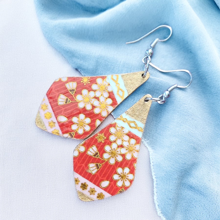 Stylish Cherry Blossom Boho Teardrop Earrings – Golden & Pink Washi Tape Dangles