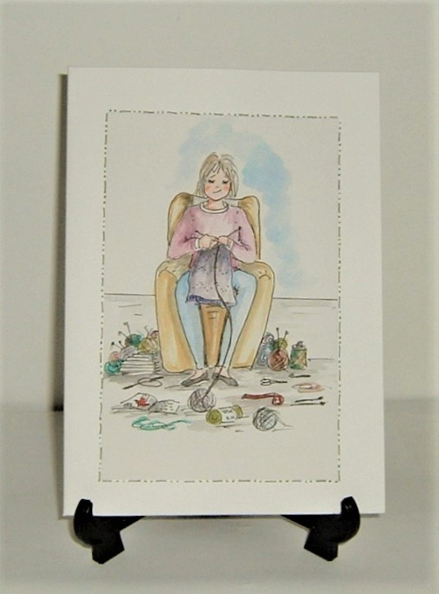 hand drawn and painted Knitting cartoon ( ref F 325)