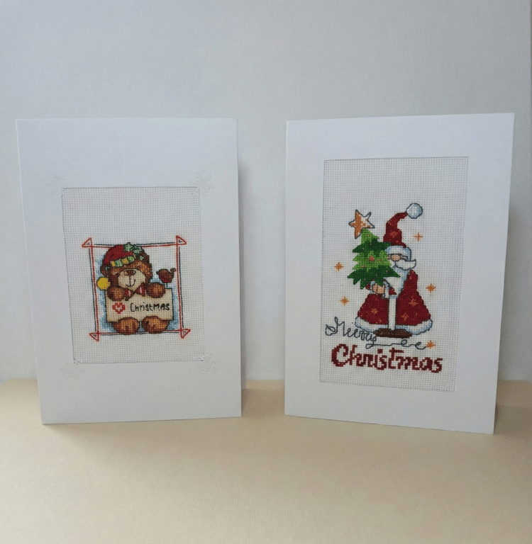Handmade Cross Stitch Christmas Cards – Bear & Santa Designs, Festive Keepsakes