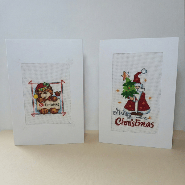 Handmade Cross Stitch Christmas Cards – Bear & Santa Designs, Festive Keepsakes