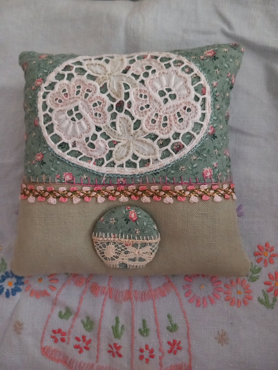 The Green Lavender Mini Pillow, with a handmade button