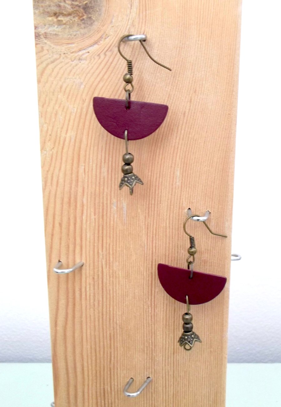 Leather Earrings Wine Coloured Boho Dangle Drop Earrings With Metal Floral Beads