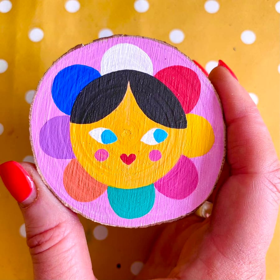 Rainbow Flower Girl - Small, Hand Painted Rustic Wooden Slice 