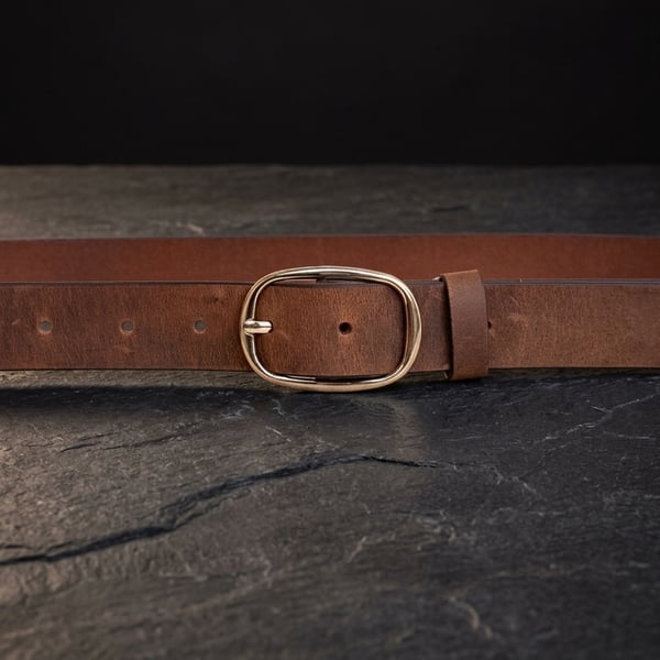 Patina Brown Full Grain Pull-Up Leather Belt Gold-Tone Oval Buckle 25mm 1 Inch