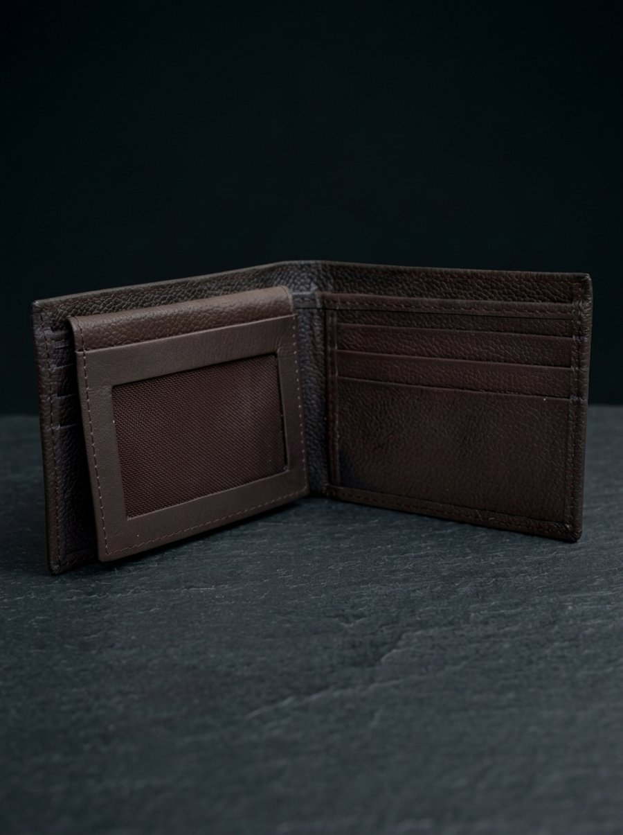 Chocolate Brown Full Grain Pebbled Leather Wallet ID Window Bifold Wallet UK