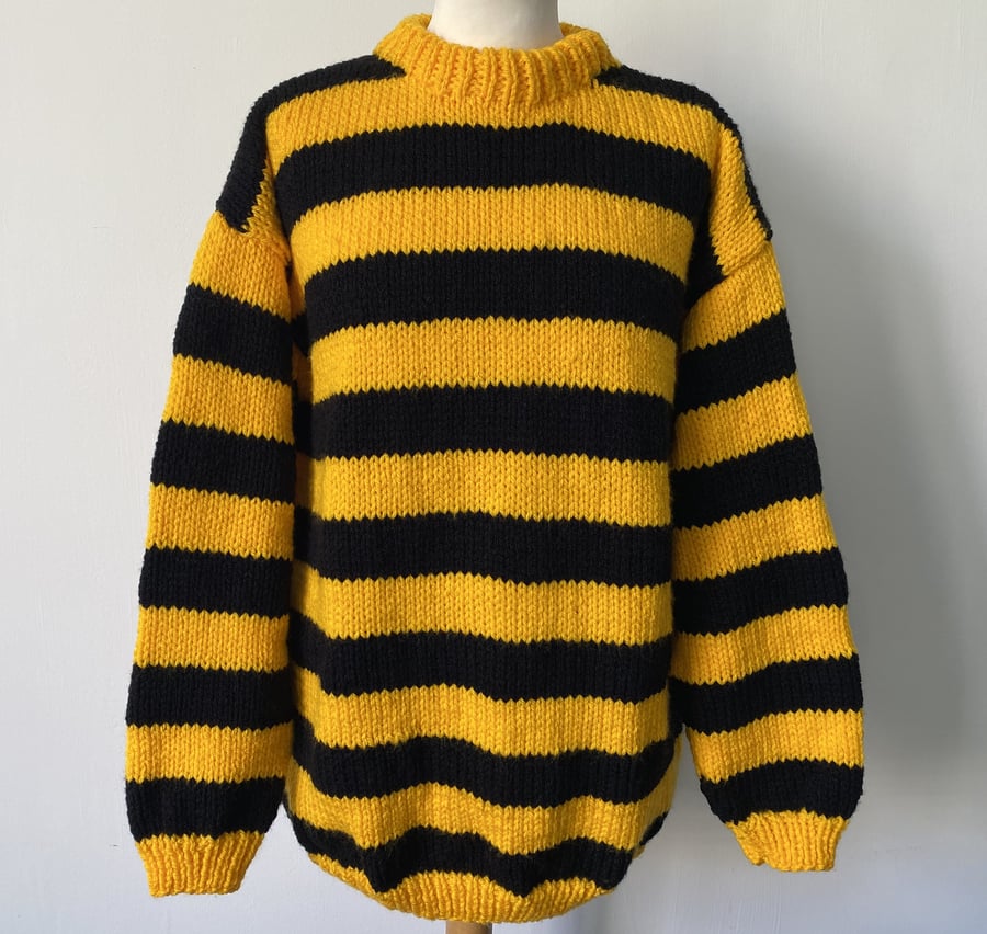 Hand Knitted Yellow And Black Striped Jumper