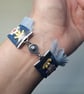Upcycled Denim Cuff Bracelet with Pastel Floral Appliqué Ribbon - Free Postage - Image 2