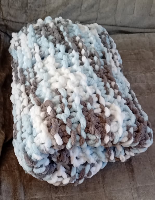 Cosy and Soft hand Knitted Large Blanket for Baby or Toddler in Blue,Grey&White