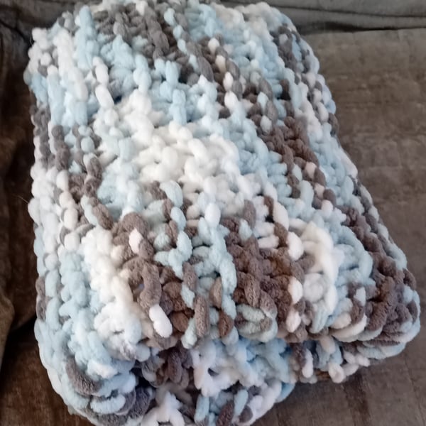 Cosy and Soft hand Knitted Large Blanket for Baby or Toddler in Blue,Grey&White
