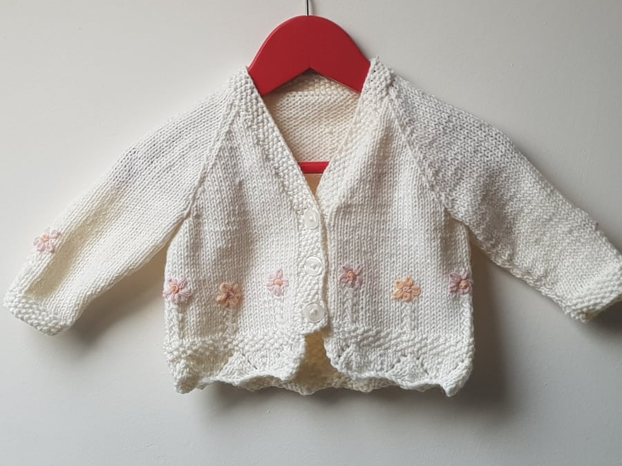 6-12 months Hand Knitted Cream Cardigan with embroidered flowers