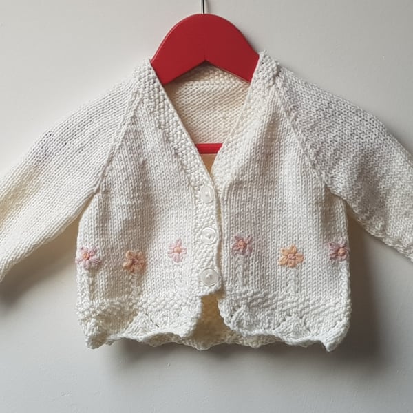 6-12 months Hand Knitted Cream Cardigan with embroidered flowers
