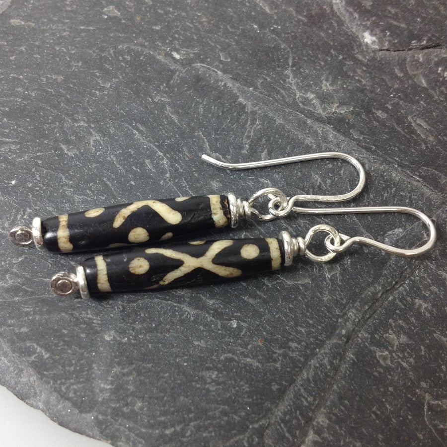 Sterling silver and bone Dzi bead earrings