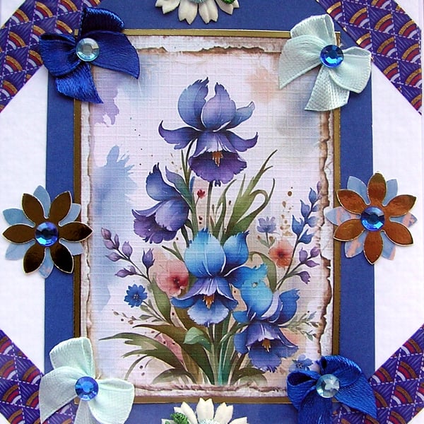 Blue Harebell Flower - Hand Crafted Decoupage Greeting Card - Blank 3094