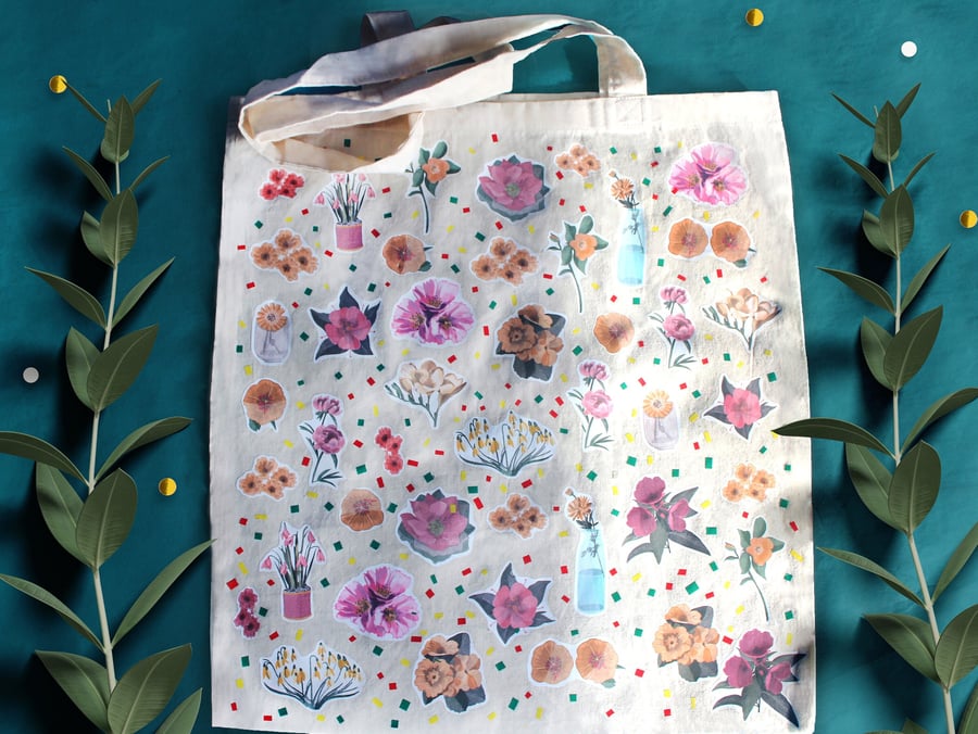 Joyful Floral Stickers Tote bag, Original illustrated tote bag, Floral Shopper 