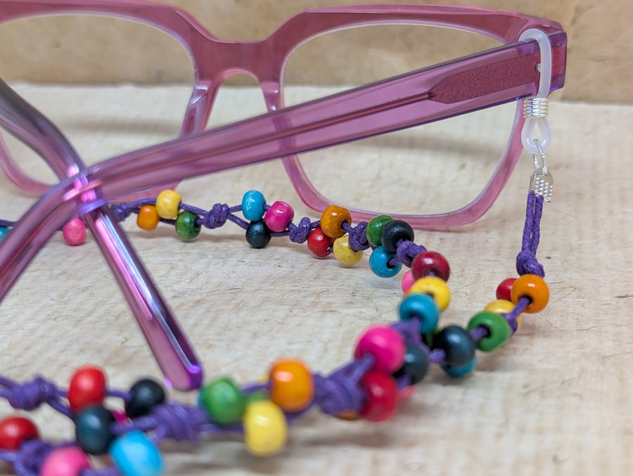 Glasses lanyard with rainbow wooden beads and purple cotton cord