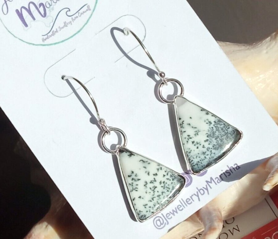 Dendritic Agate Earrings Recycled Silver Jewellery Gift Triangle Drop Snow Scene