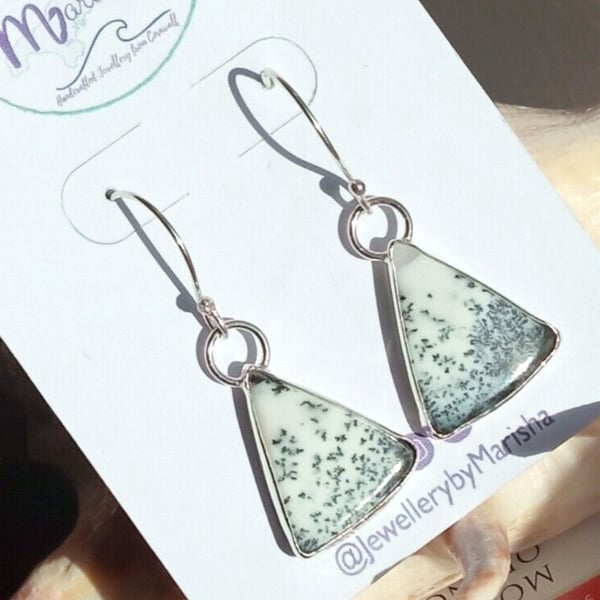 Dendritic Agate Earrings Recycled Silver Jewellery Gift Triangle Drop Snow Scene