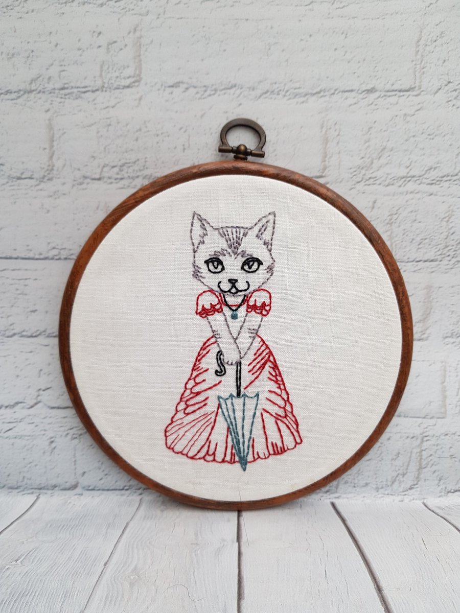 Victorian Lady Cat Hand Embroidery Hoop for Cat Lovers