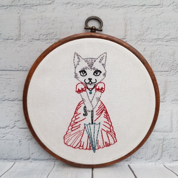 Victorian Lady Cat Hand Embroidery Hoop for Cat Lovers