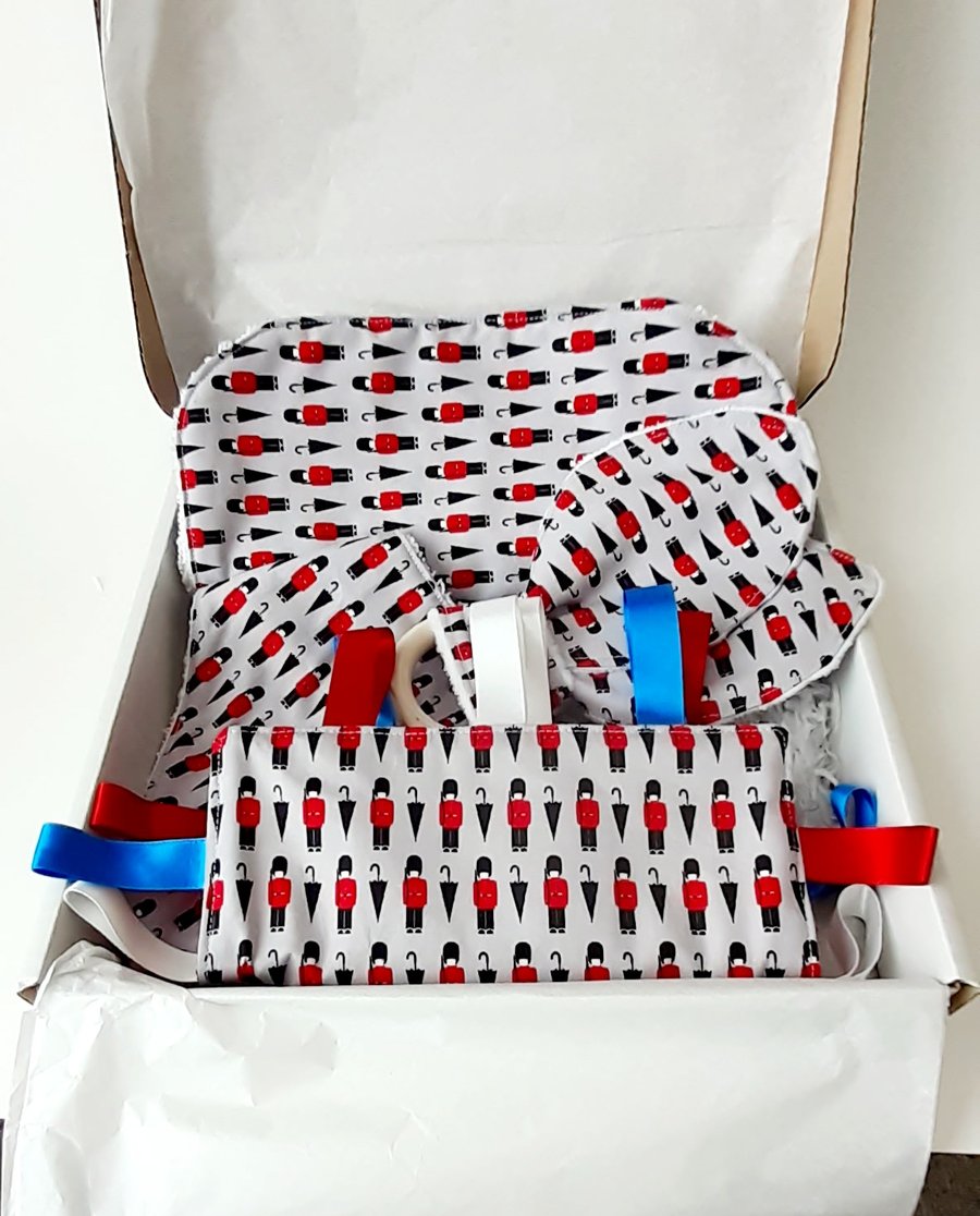 Baby Gift Set. Burp Cloth, Bib, Crinkle Teether, Crinkle Taggy. Gift boxed.