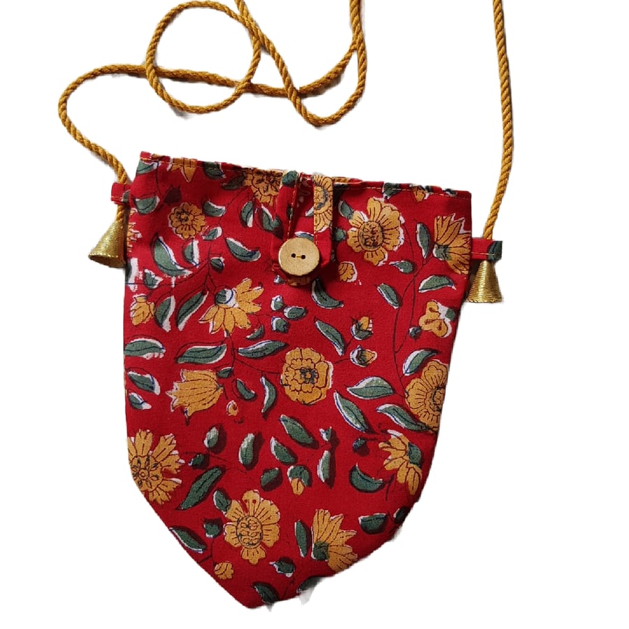 Indan block print crossbody bag: red floral with ochre strap