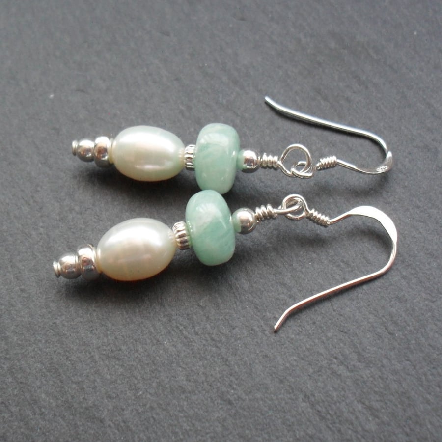 Sterling Silver Freshwater Pearls and Amazonite Semi Precious Gemstone Earrings
