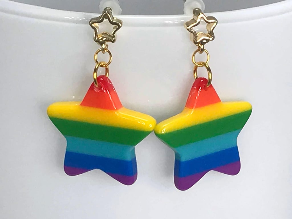 DISCO STAR EARRINGS gold plated star pushback resin striped rainbow