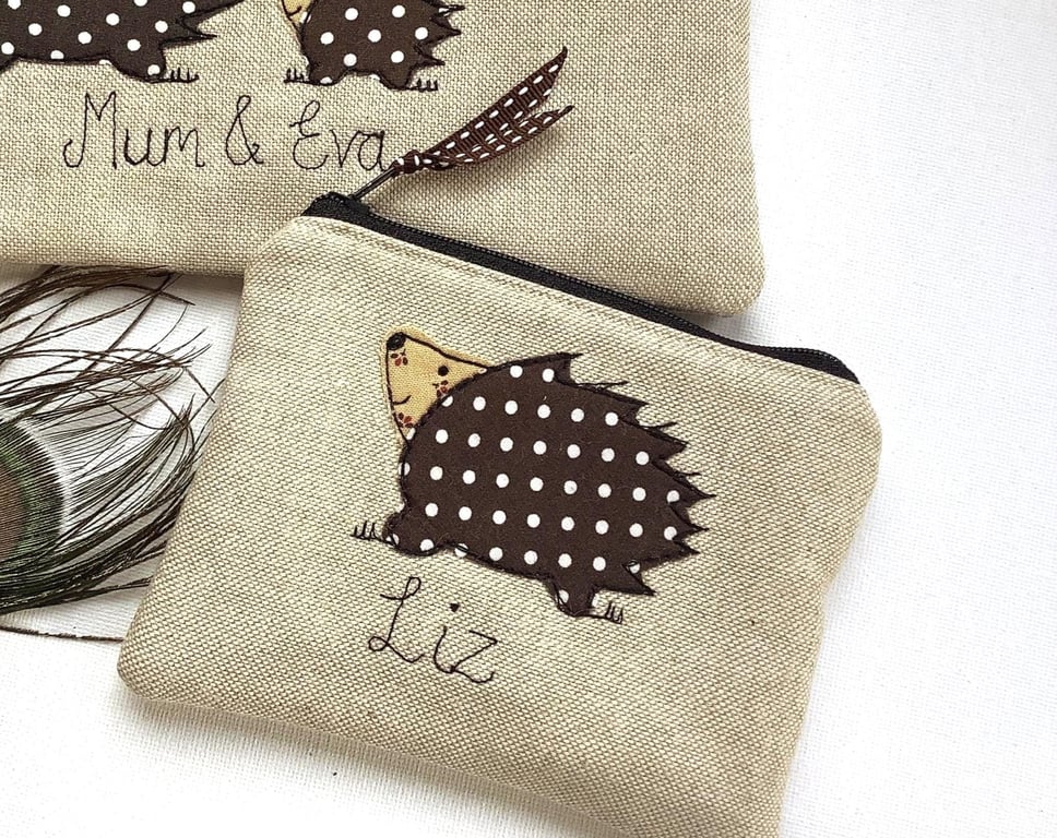 Personalised Hedgehog Coin Purse - Wallet or Pouch on Oatmeal Linen