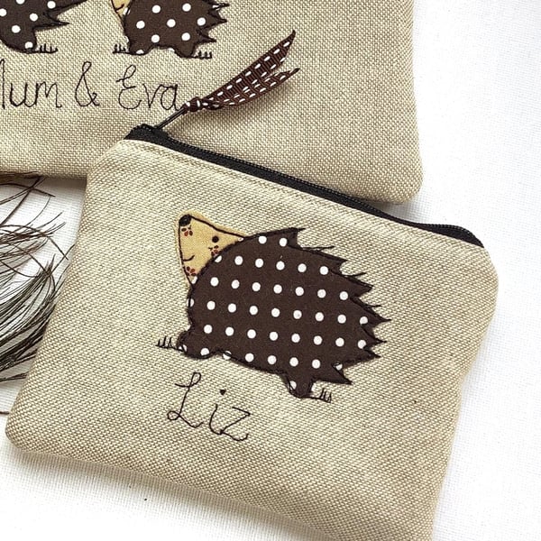 Personalised Hedgehog Coin Purse - Wallet or Pouch on Oatmeal Linen