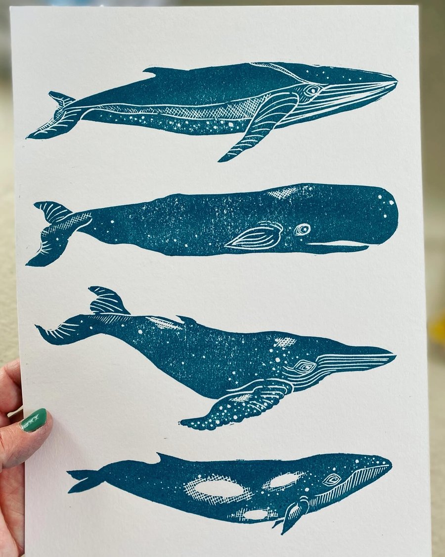 Teal whales linoprint ‘Les Baloines’