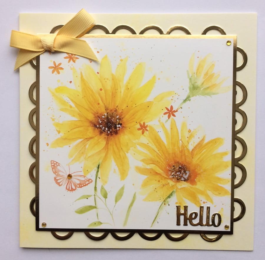 Hello Card Yellow Flowers and Butterfly Hello 3D Luxury Handmade Card