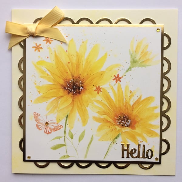 Hello Card Yellow Flowers and Butterfly Hello 3D Luxury Handmade Card