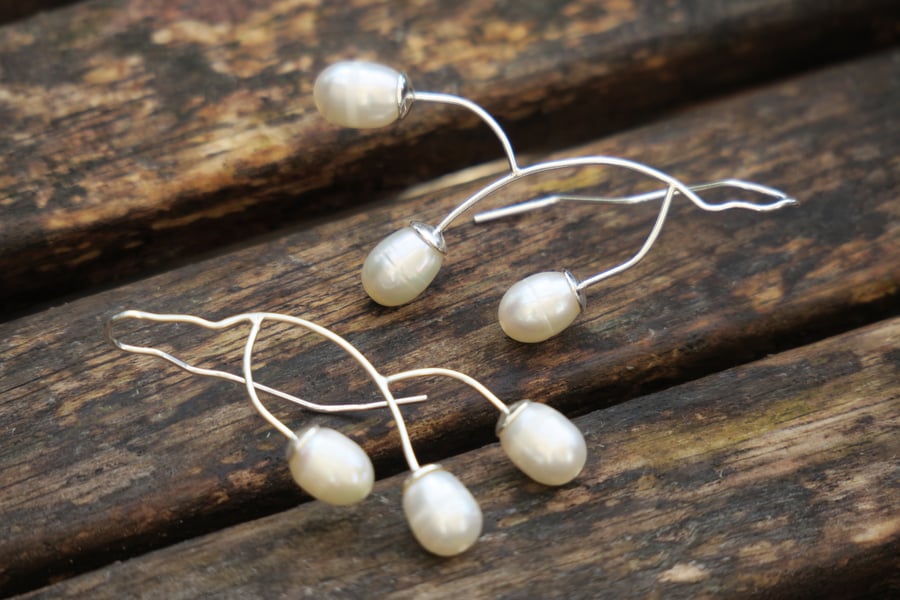 Silver Pearl Earrings, Twig Earrings, White Pearl Earrings, Dangle Earrings