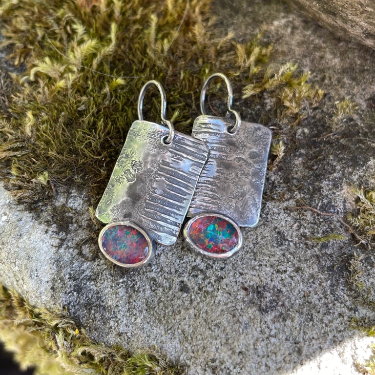 Oxidised sterling silver and opal industrial look earrings