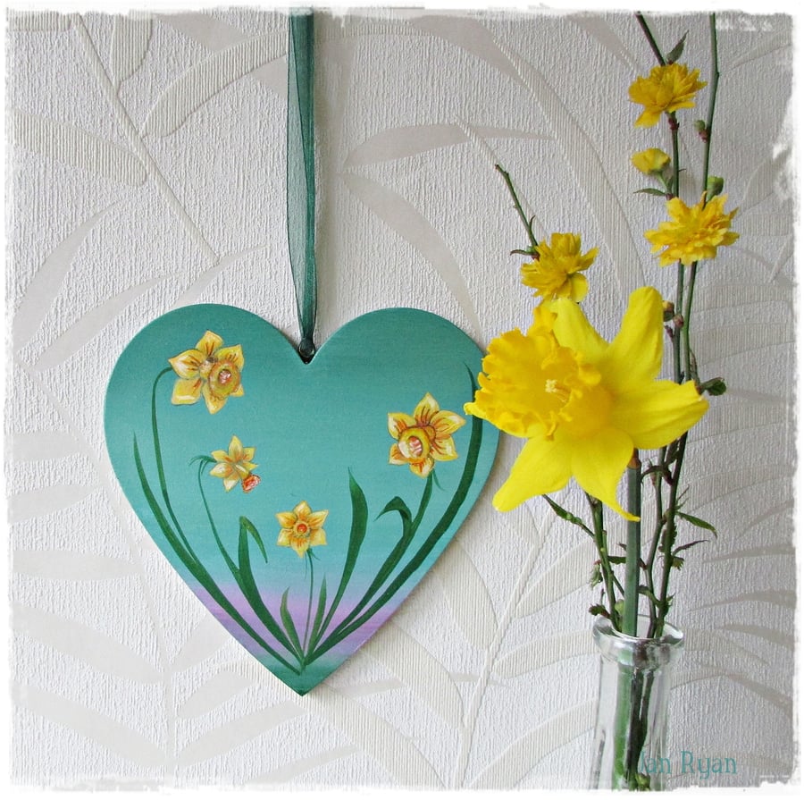 Large Hanging Heart,  daffodils hand painted decoration, 