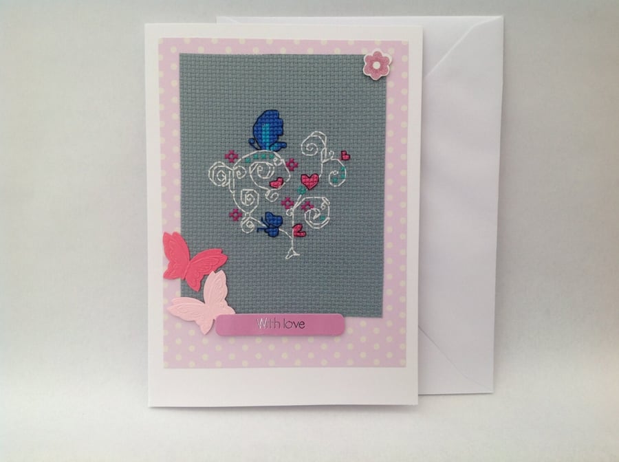 Butterflies and hearts cross stitch 'with love' card