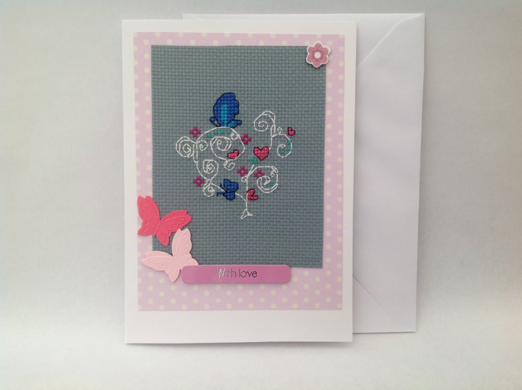 Butterflies and hearts cross stitch 'with love' card