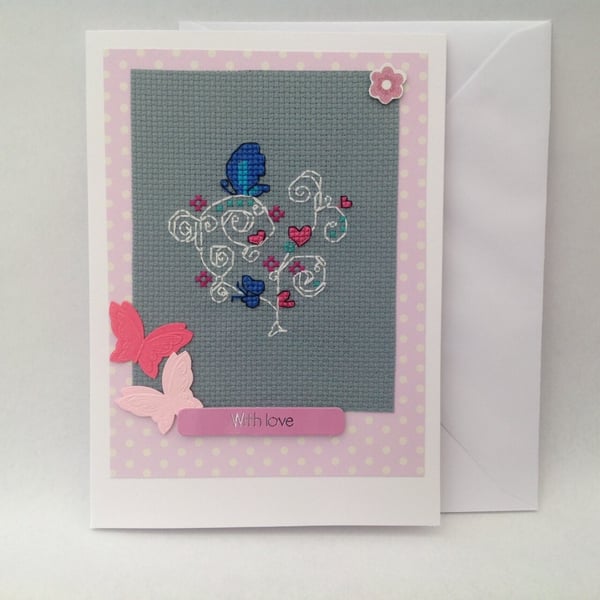 Butterflies and hearts cross stitch 'with love' card