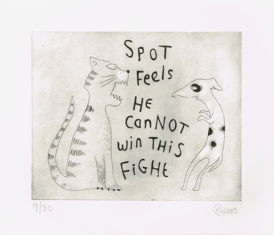 Dog and cat hand printed dry point etching 