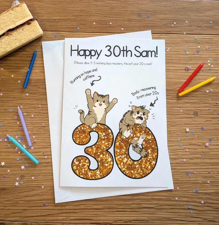 Funny Cat 30th Birthday Card and badge, Sarcastic Milestone Celebration A5