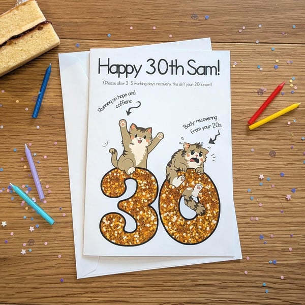 Funny Cat 30th Birthday Card and badge, Sarcastic Milestone Celebration A5