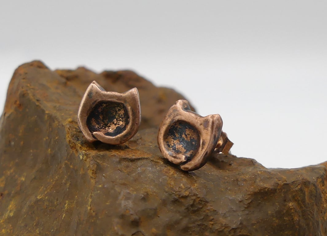 Recycled Copper Cat Head Stud Earrings.