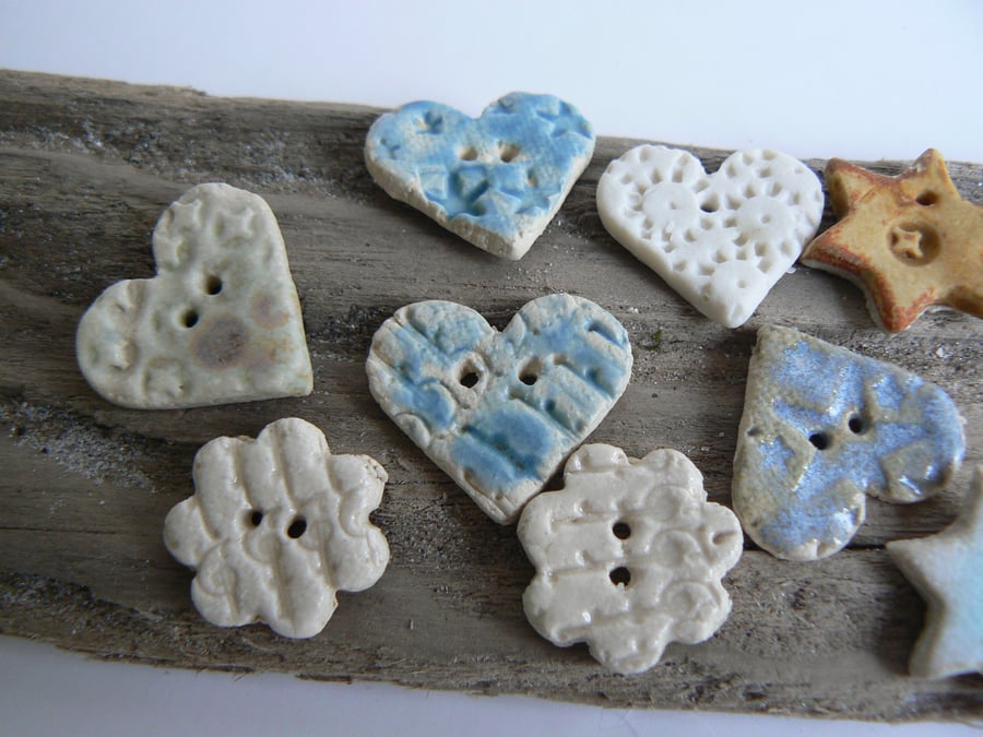 Buttons and Hangings in Ceramic Hearts Flowers and Stars -Pack 3