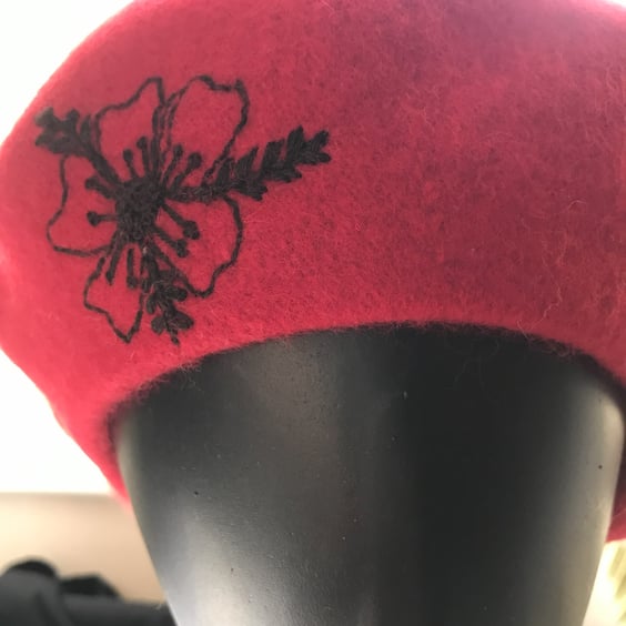 Red Pure New Wool, Woolmark, Embroidered Beret.