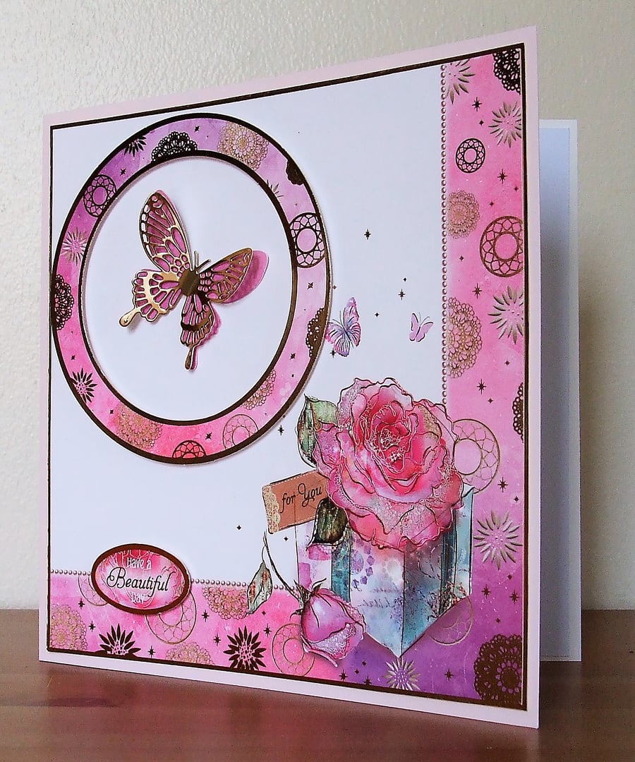 Large Birthday Card, Butterflies and Pink Roses. REDUCED TO CLEAR
