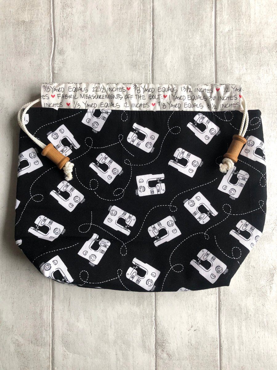 Black & White Sewing Themed Fabric Drawstring  Craft Bag