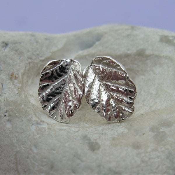 Fine silver leaf stud earrings