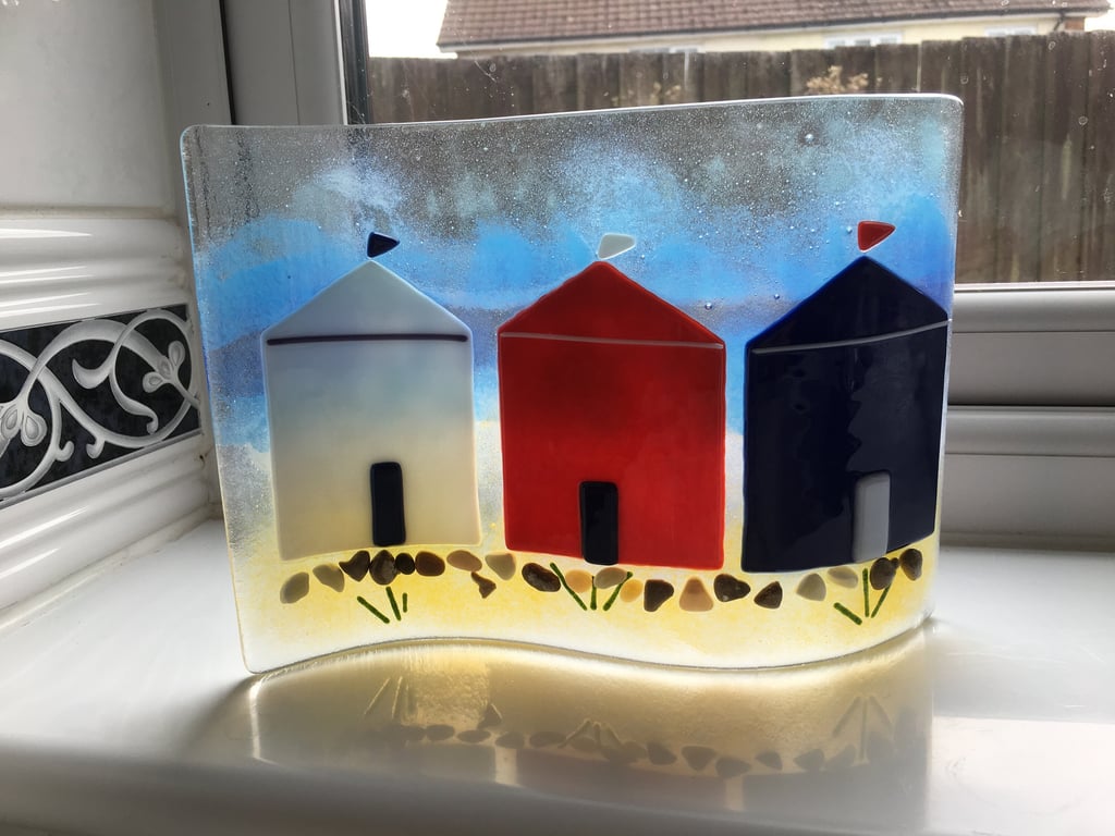 Seaside fused glass panel- beach huts-beach-present-gift-Fathers day-Mother day-