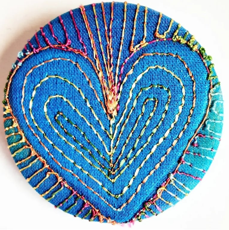 38mm Hand Dyed Fabric Heart Badge with Free Machine Embroidery 